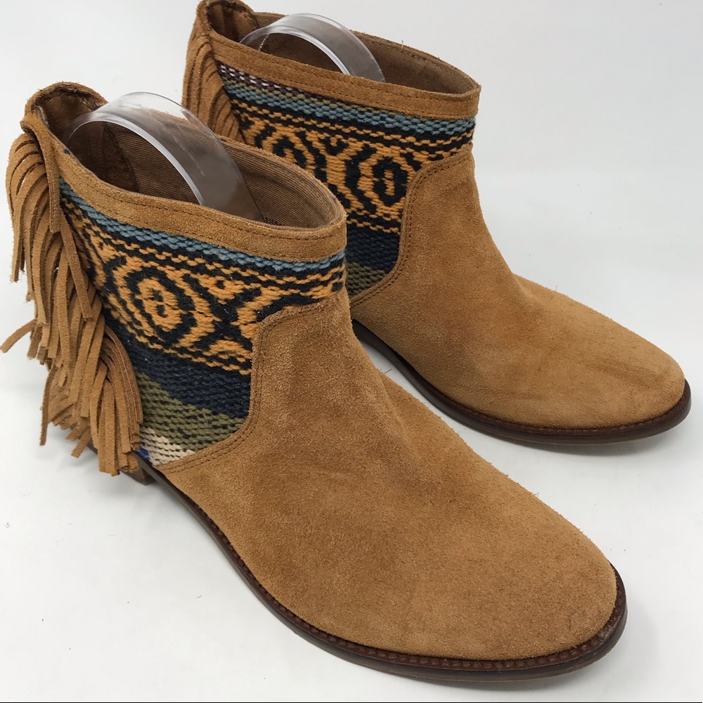 Zara Ankle Boots Size 6.5 Aztec Tribal Tapestry Fringe Booties Western Brown